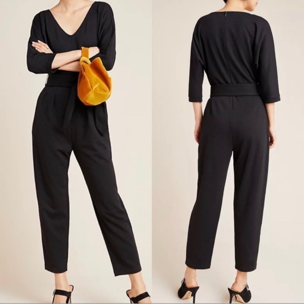 Anthropologie Jumpsuit Womens Size XS Sutton Ponte Black Belted Pockets V Neck